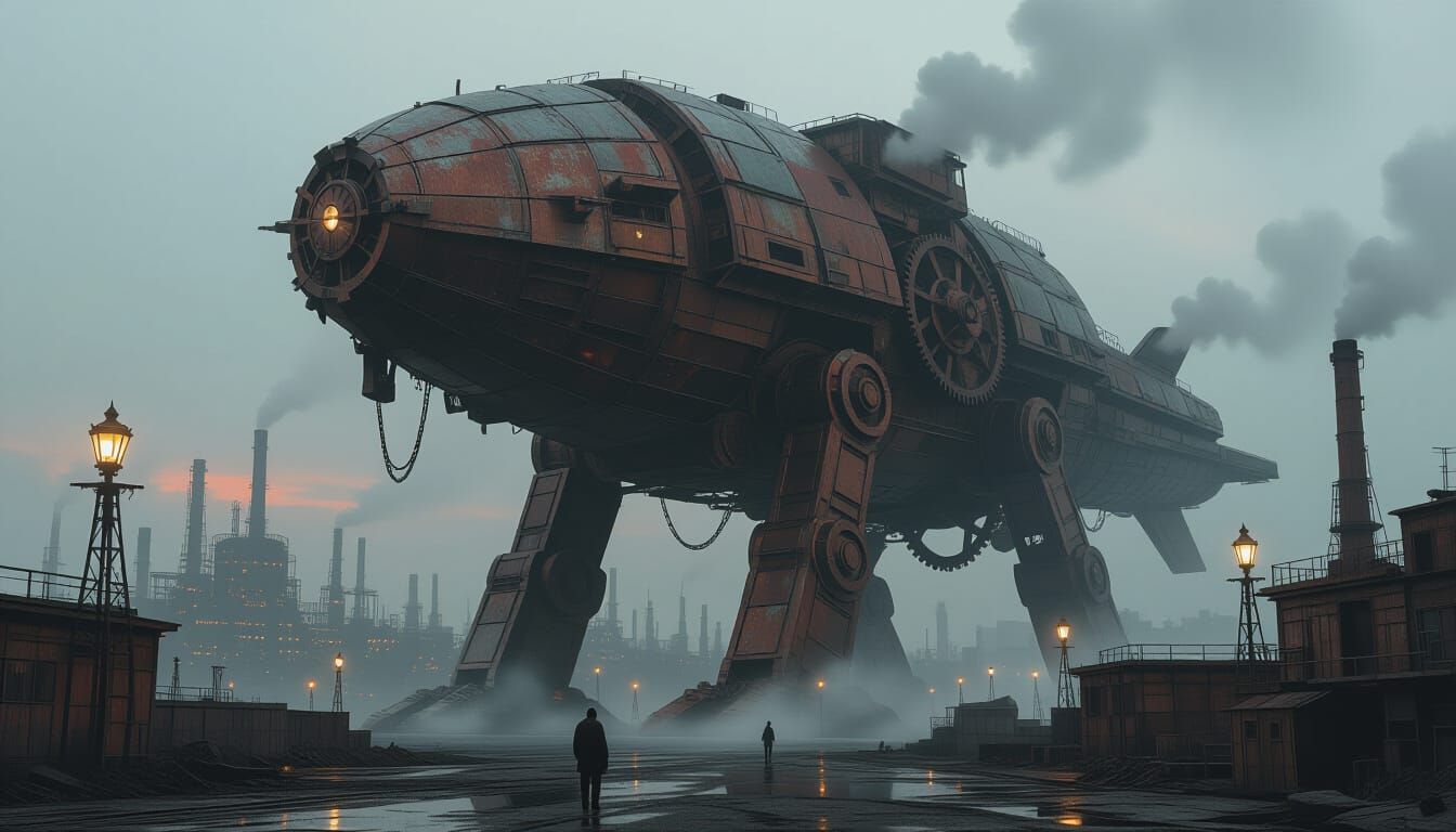 Clockwork Leviathan in Industrial Wasteland