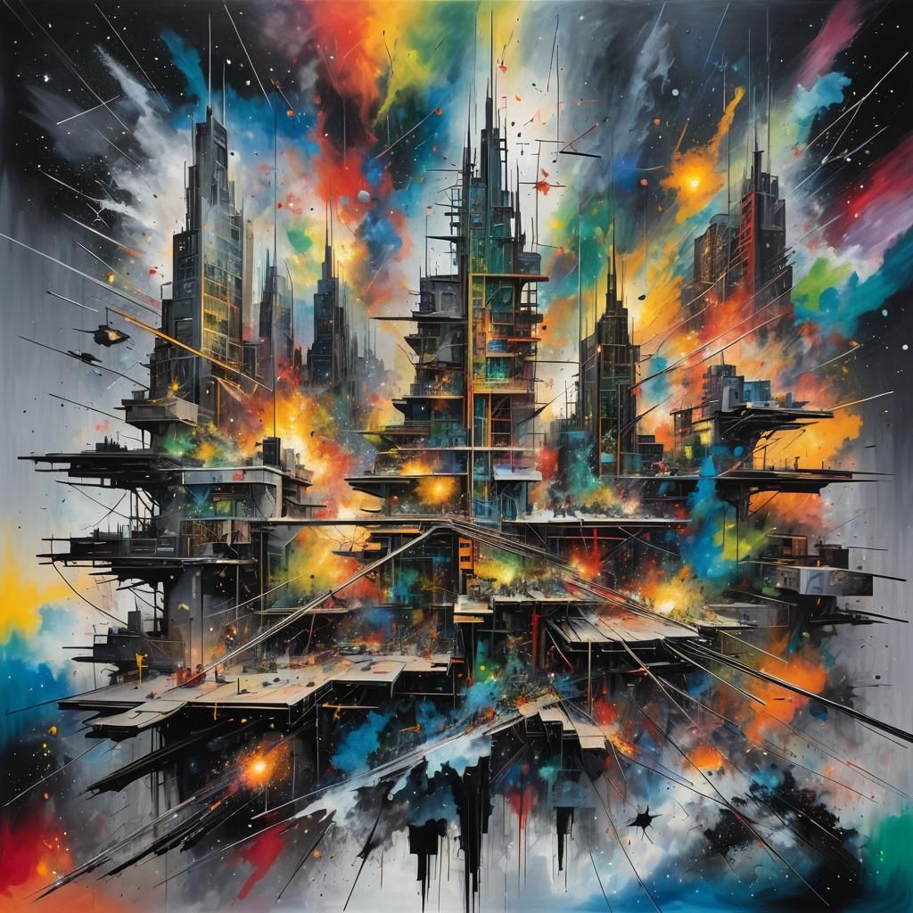 Abstract Cityscape Painting in Space: Mehretu Style
