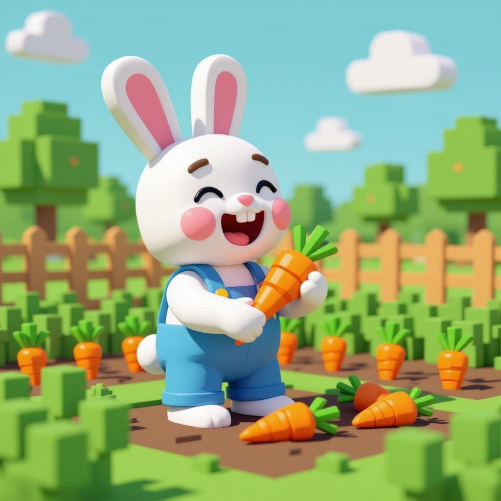 Playful Rabbit Harvest in Voxel Art Style