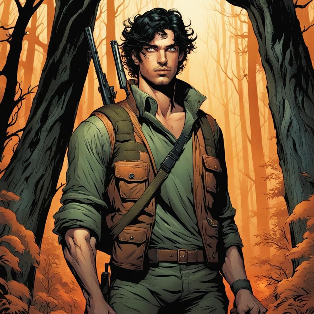 Olive Skinned Hunter in Creepy Forest, Comic Book Art