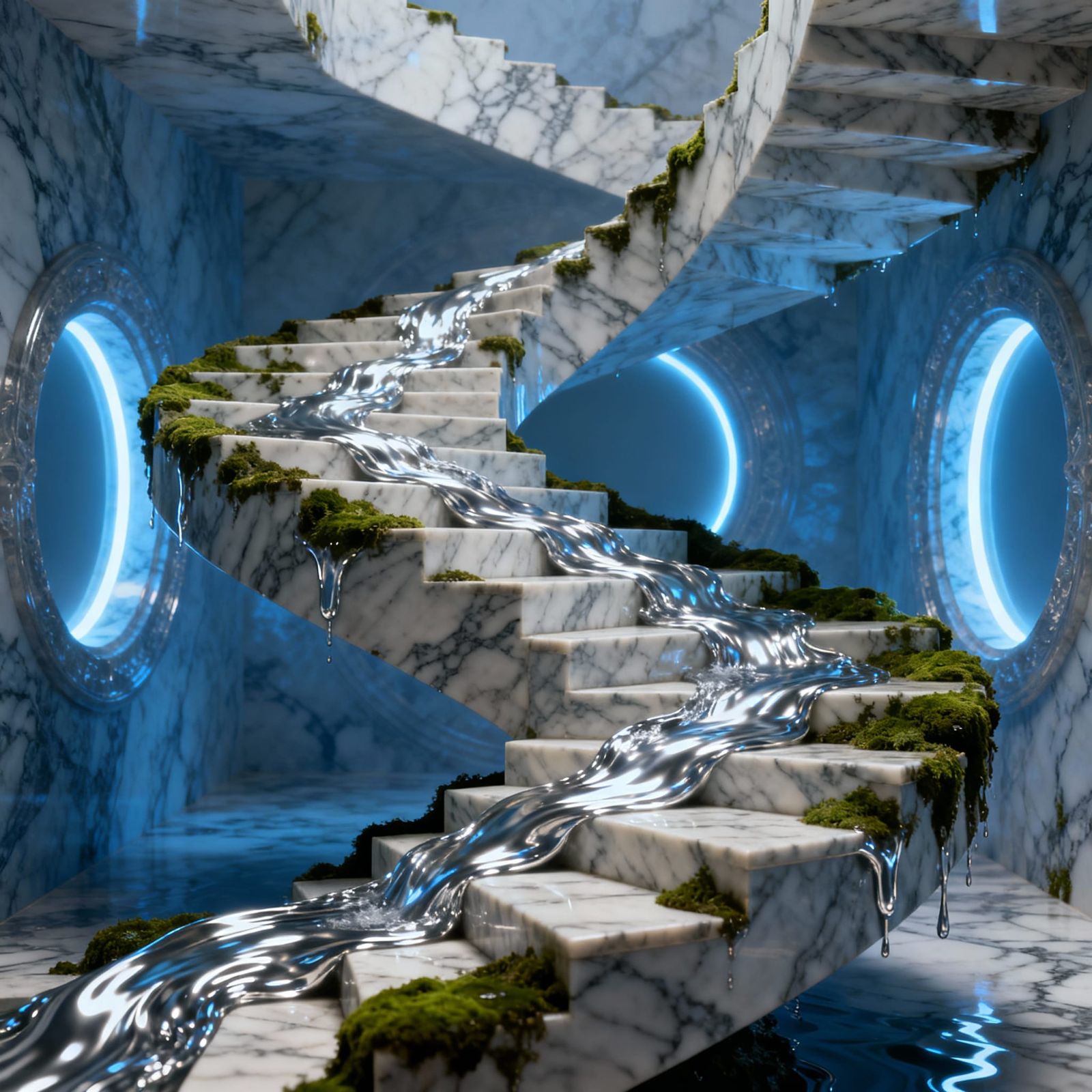 Surreal Abstract Reality with Impossible Staircase and Silve...