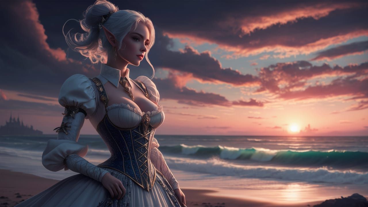 Elf Warrior in Corset Dress Watching Sunset
