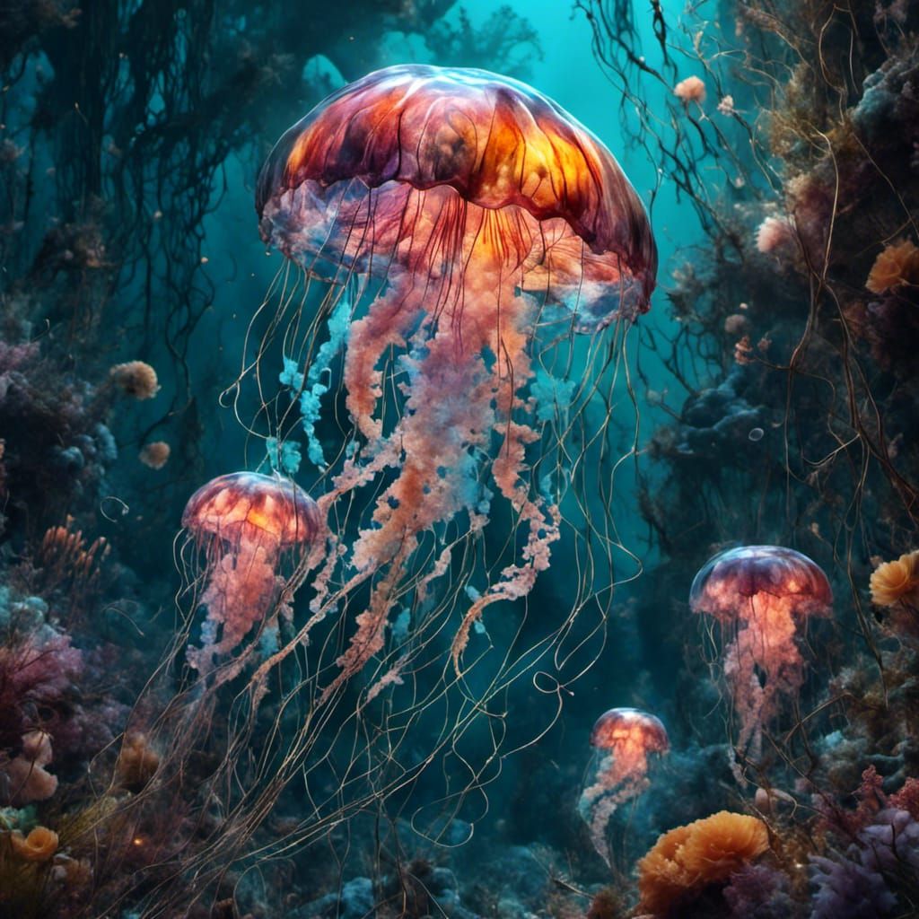 Crystal Jellyfish in Deep Ocean Flora, Detailed Art