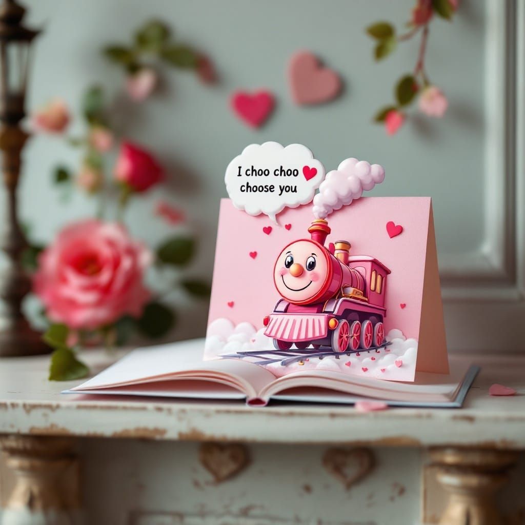 Charming Valentine's Day Card Scene with Smiling Train