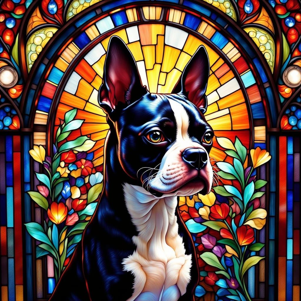 Vibrant Boston Terrier in Stained Glass Masterpiece