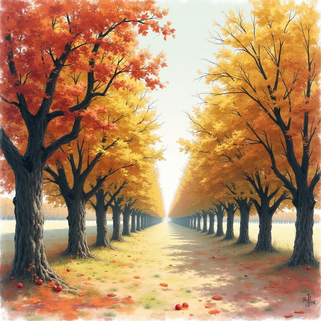 Idyllic Autumn Orchard in Detailed Graphite Pencil Style