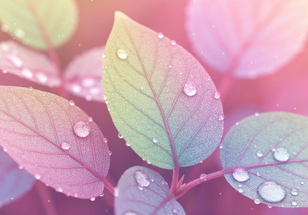 Pastel Rainbow Leaves with Glistening Dew Drops