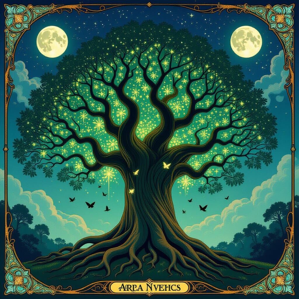 Ancient Bioluminescent Tree Under Twin Moons, Art Nouveau St...