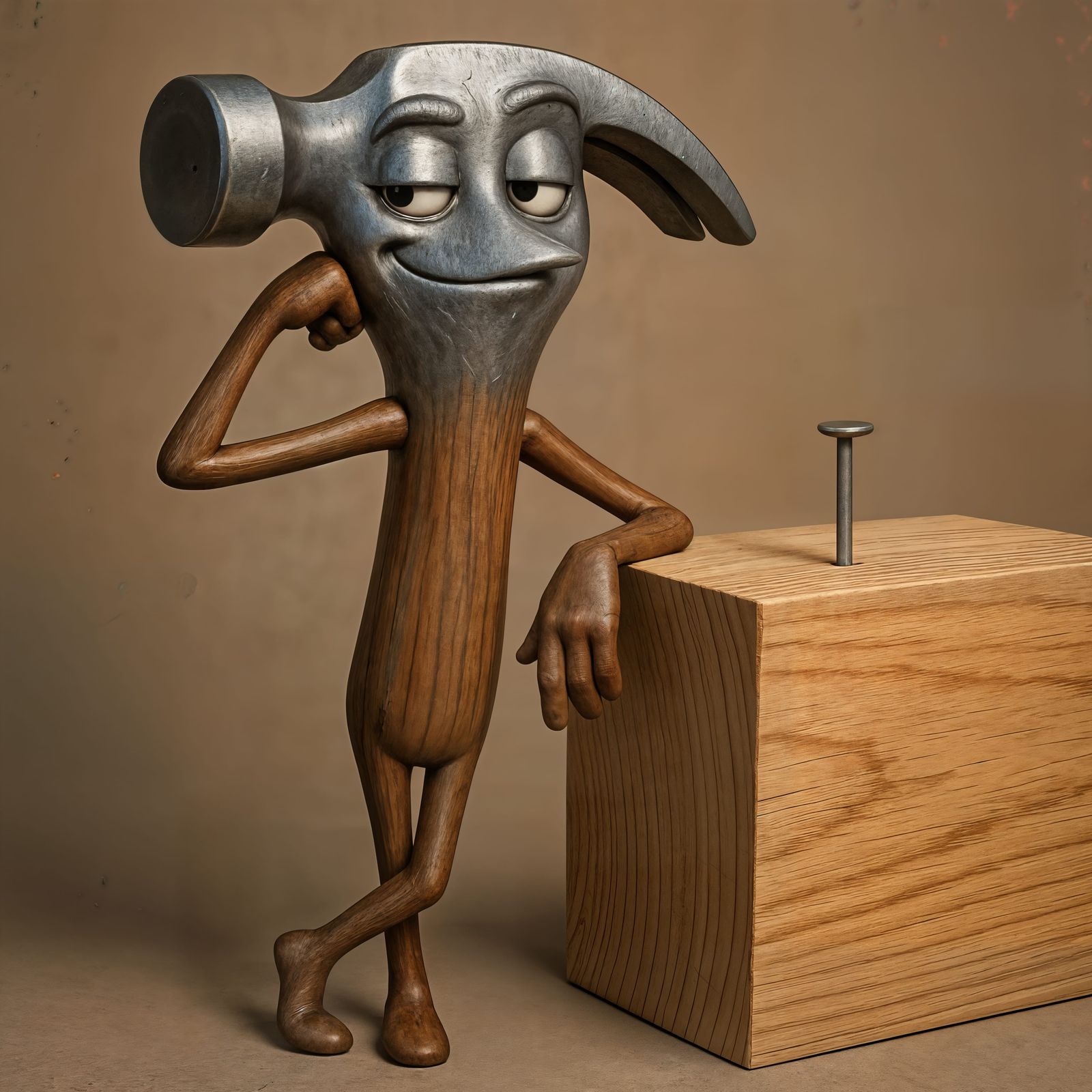 Smug Hammer Poses Next to Nailed Board