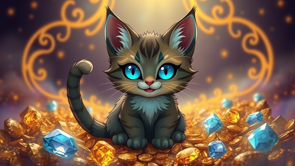 Chibi Manx Kitten with Glowing Eyes and Gold