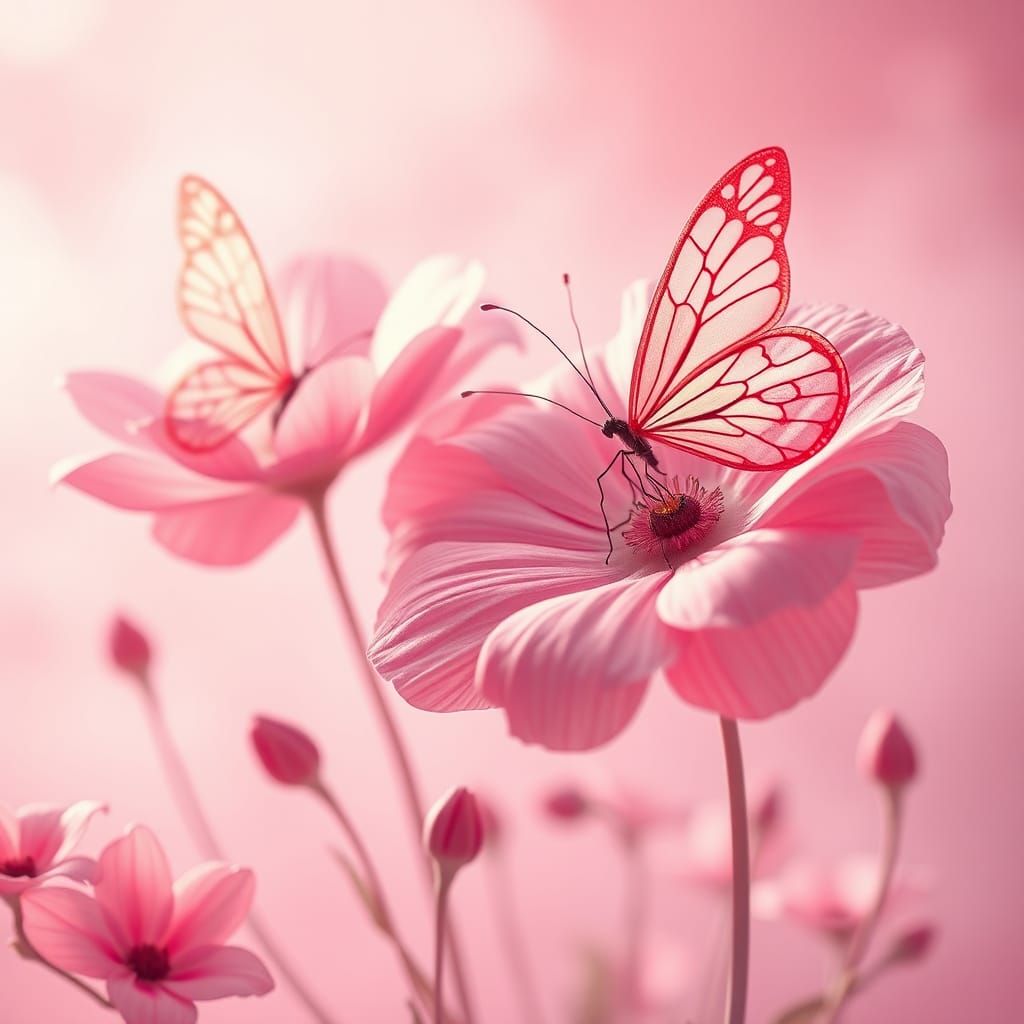 Dreamy Pink Floral Scene with Butterfly