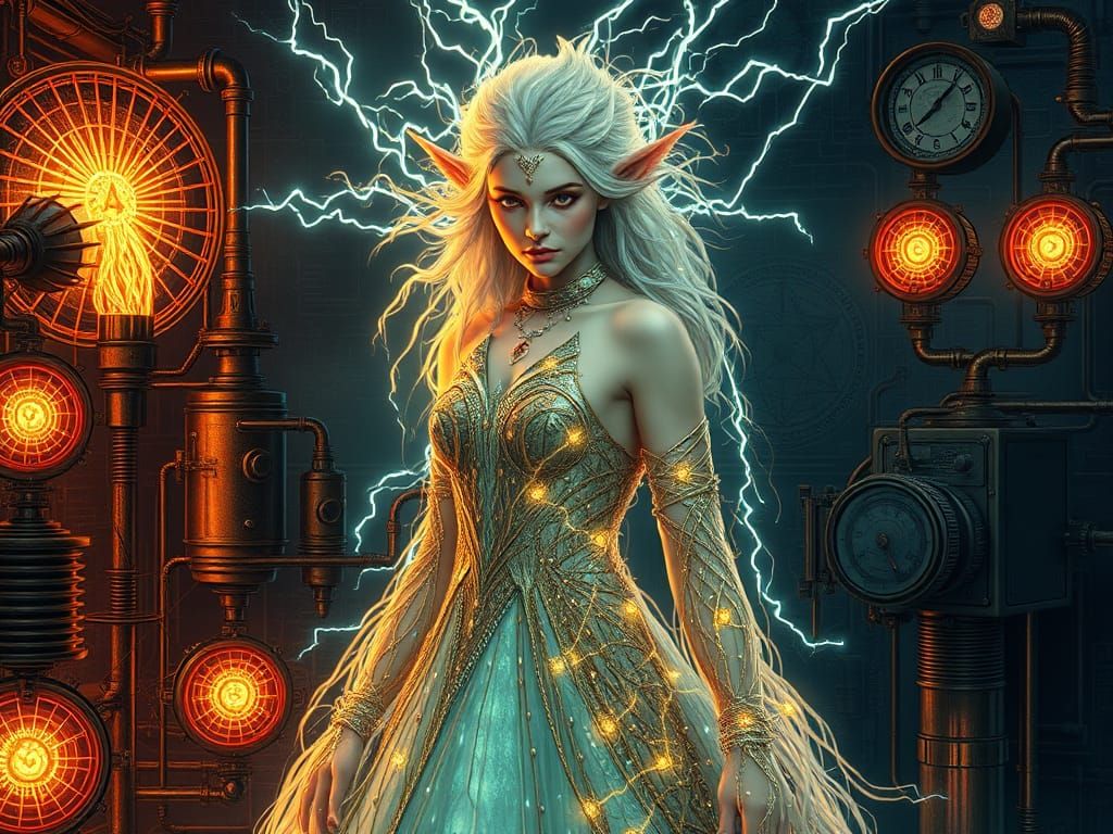 Elven Queen Illuminated by Tesla Coils in Teslapunk Laborato...