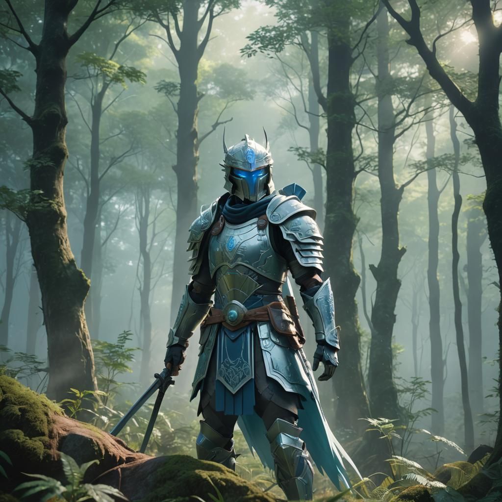 Stoic Anime Warrior in Misty Forest, 3D Art