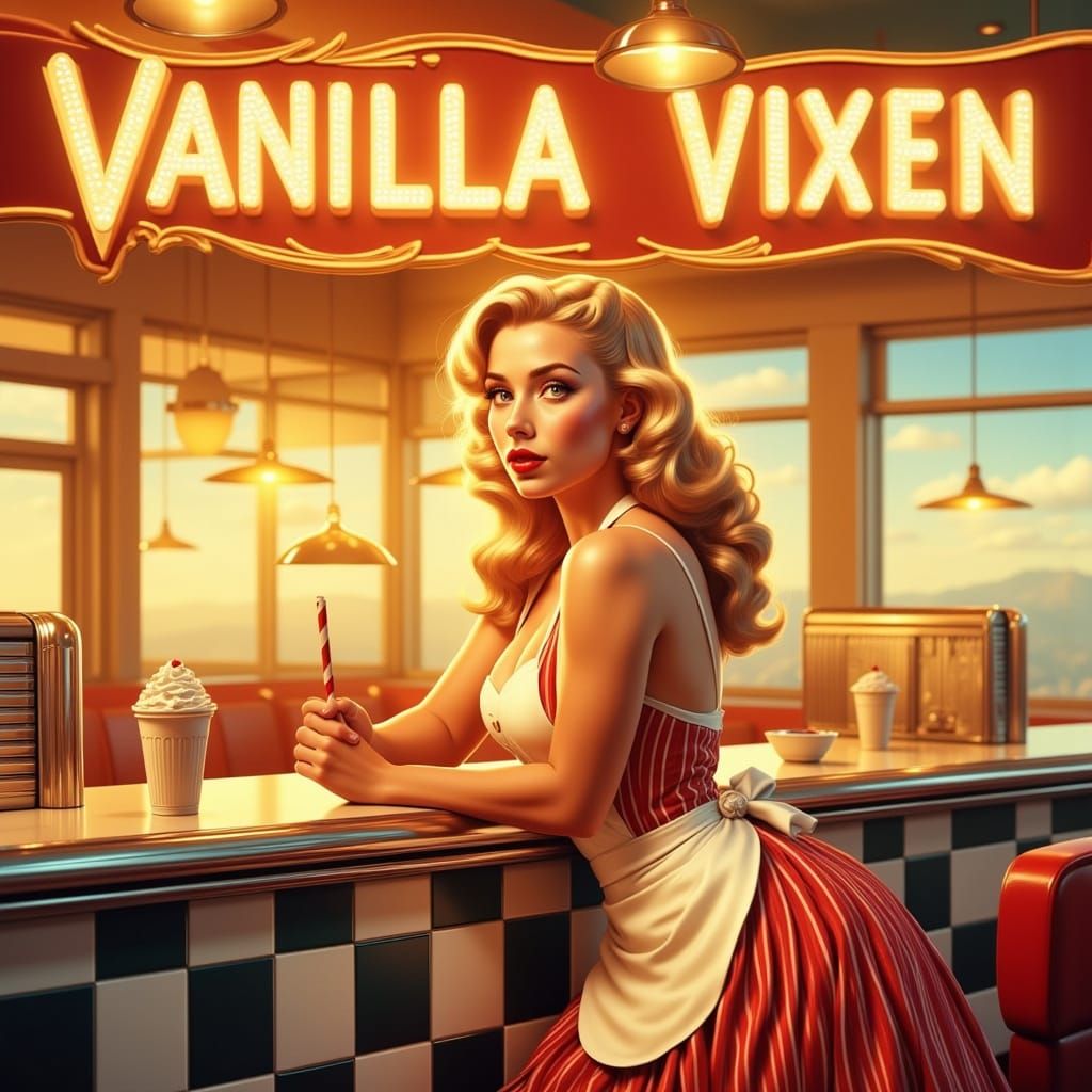 Pin-Up Girl in Red and White Striped Diner Uniform