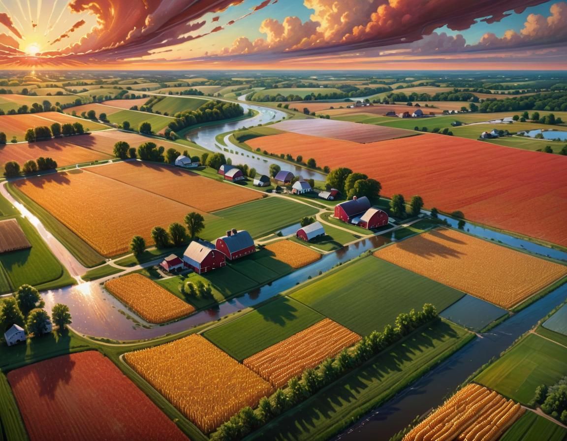 Midwest Farmland at Sunset in Hyperrealism
