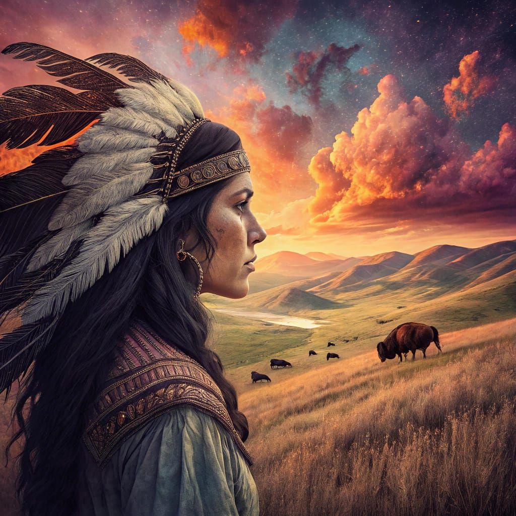 Hyperrealistic Double Exposure: Native American Woman