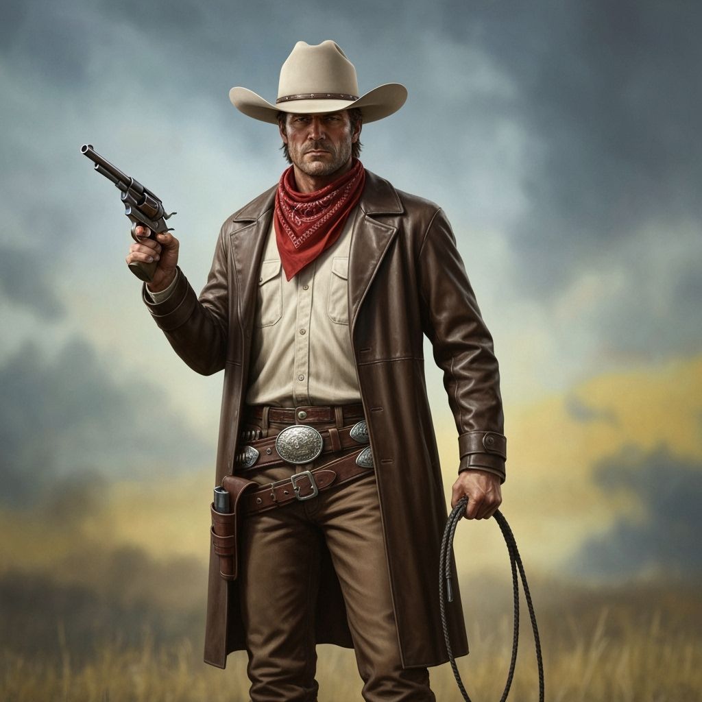 Cinematic Western Cowboy with Revolver and Whip