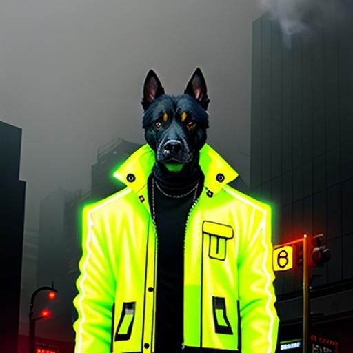 Cyberpunk Cityscape with Giant Dogs in Neon Light