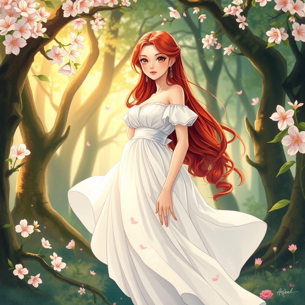 Red-Haired Woman in Mystical Forest, Manga Art