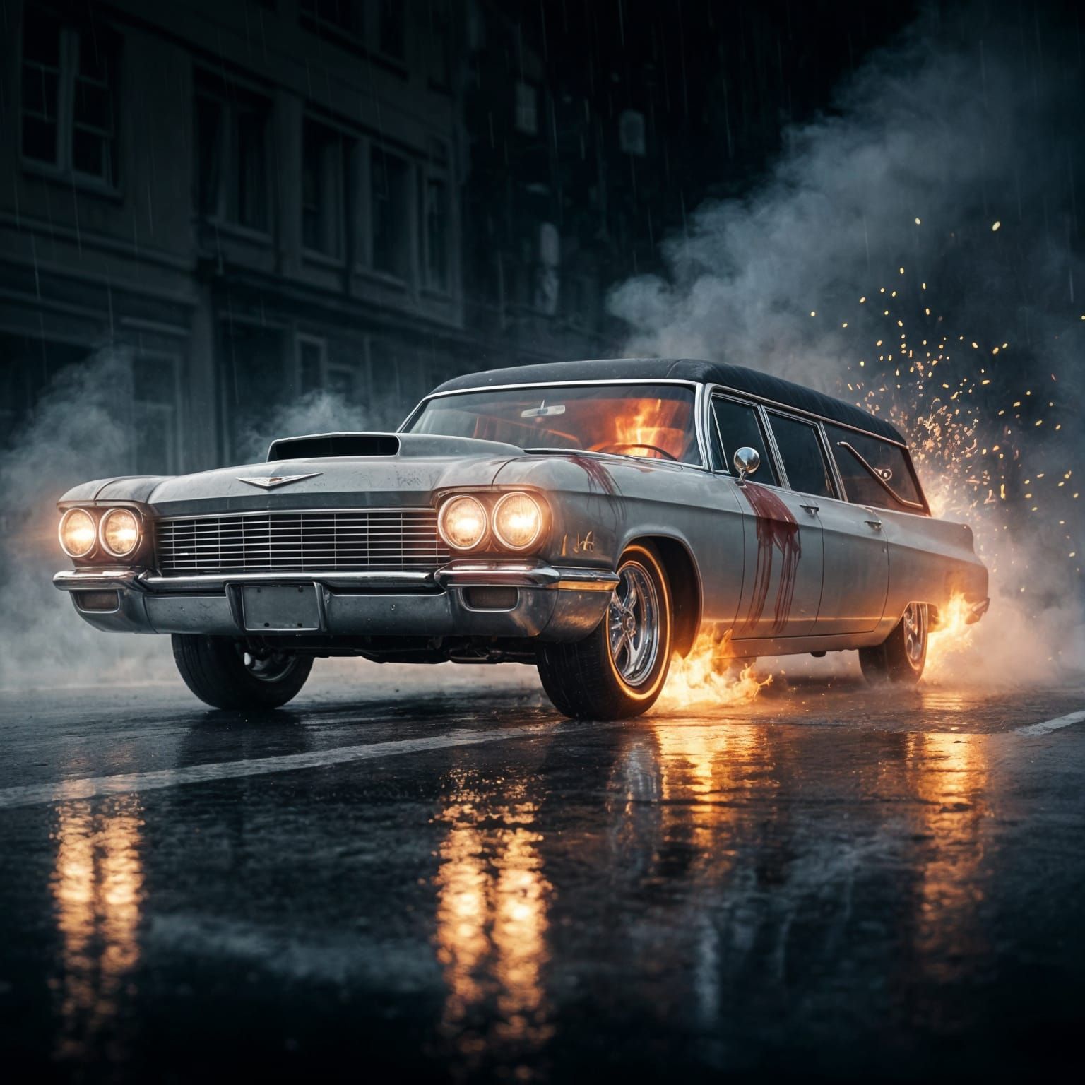 Demonic Muscle Car Hearse Launching Through Fiery Night