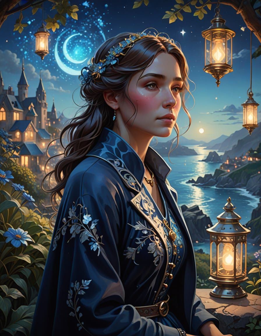 Elegant Lady in Coastal Splendor, Inspired by Thomas Kinkade