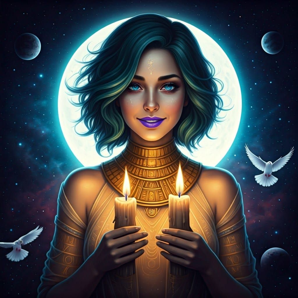 Mystical Cosmic Goddess with Teal Hair and Celestial Backdro...