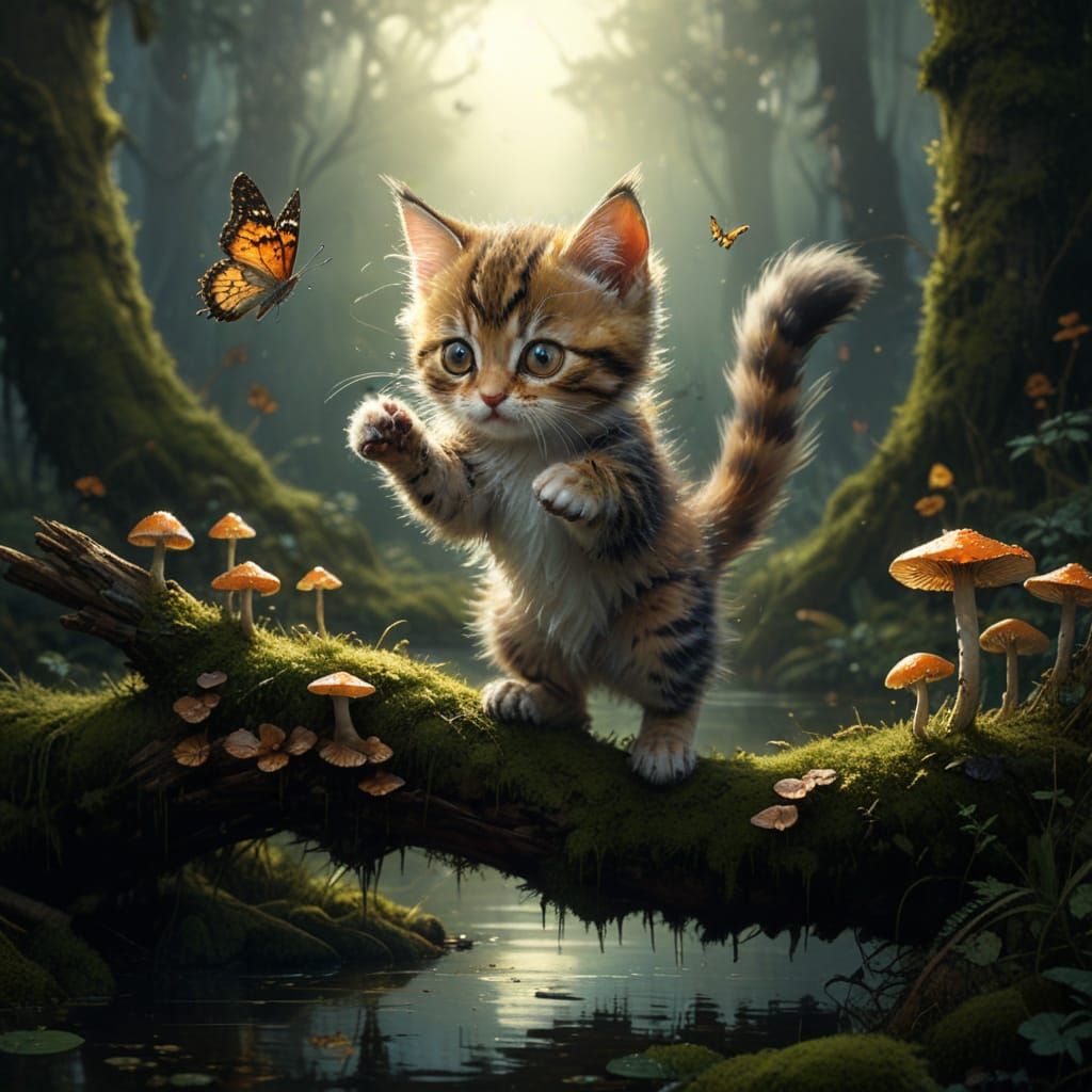 Cute Kitten Chases Butterfly in Forest Landscape