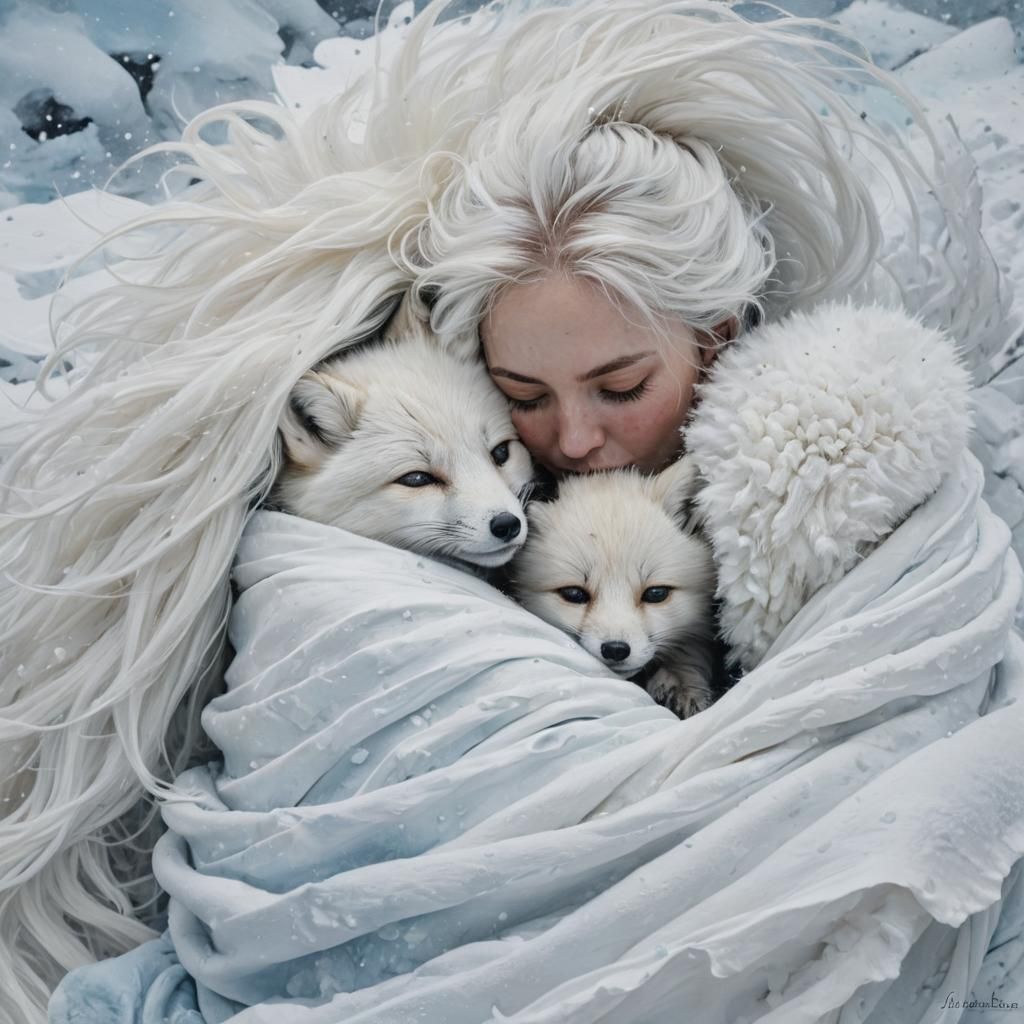 Baby and Fox in Snowy Arctic Painting