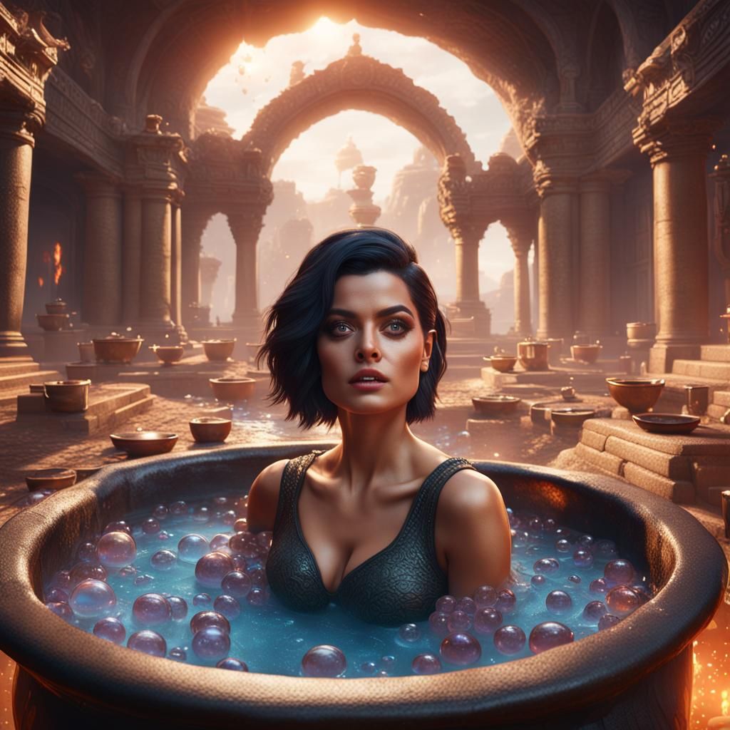 Bebe Rexha in Ancient Cauldron: Detailed Matte Painting
