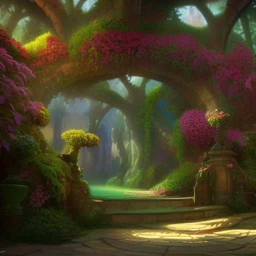 Fantastical Secret Garden Entrance: Detailed Matte Painting