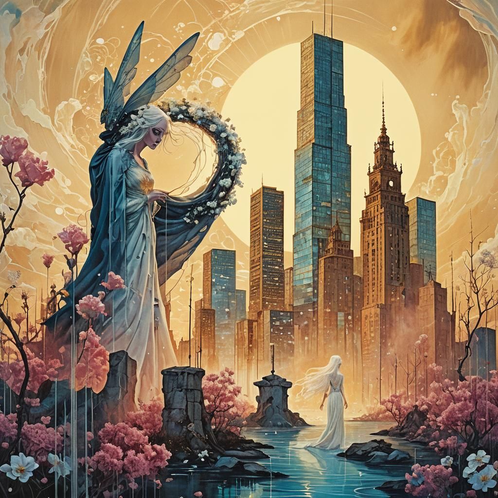 Ethereal Fairy Surrounded by Flowers in Surreal Style