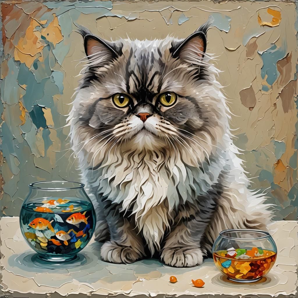 Impasto Persian Cat Gazing into Fishbowl