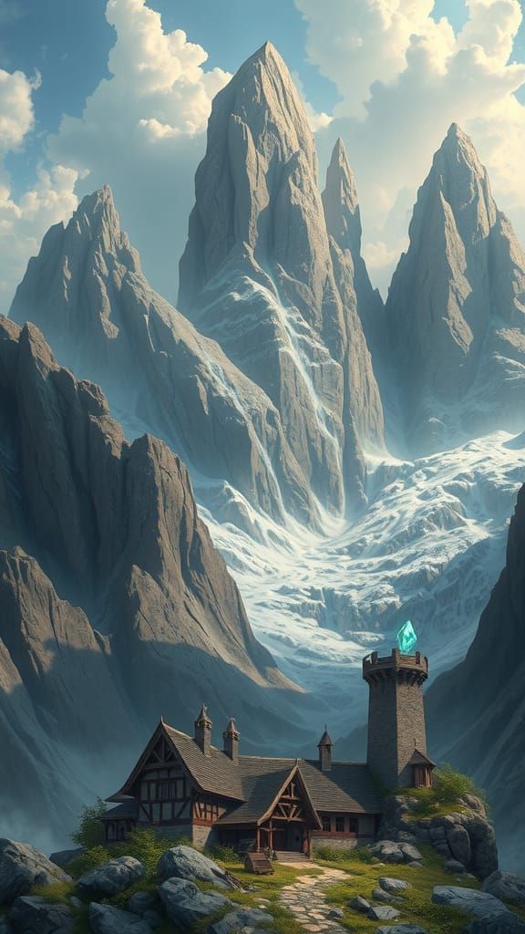 Epic High Fantasy Mountain Range with Crystal Formations