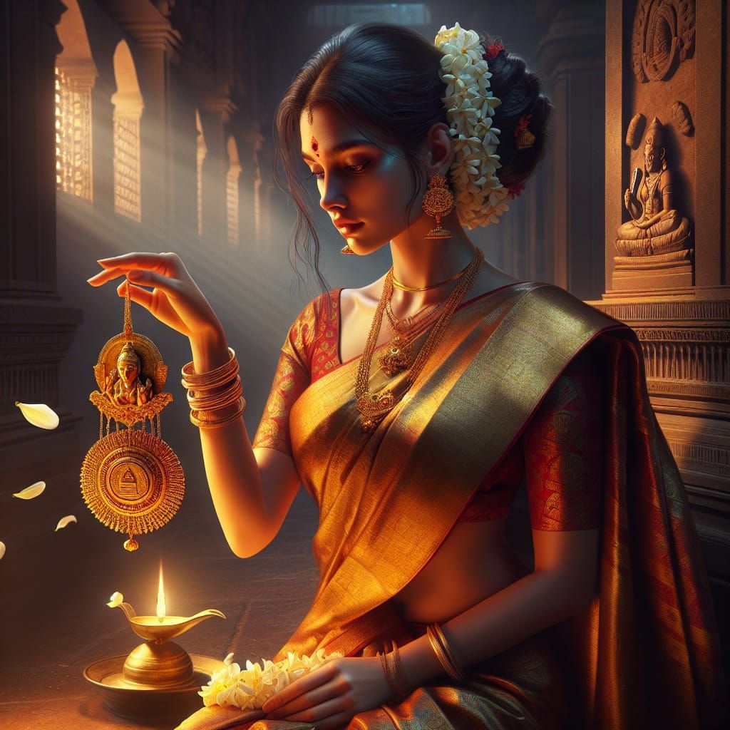 Portrait of Tamil Woman with Golden Thāli Pendant
