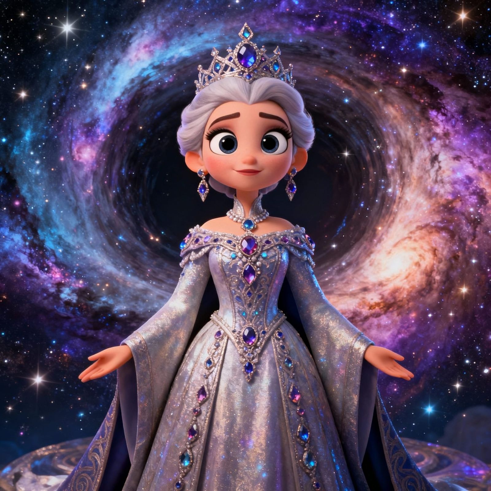 Regal Queen in Cosmic Vortex 3D Cartoon Art