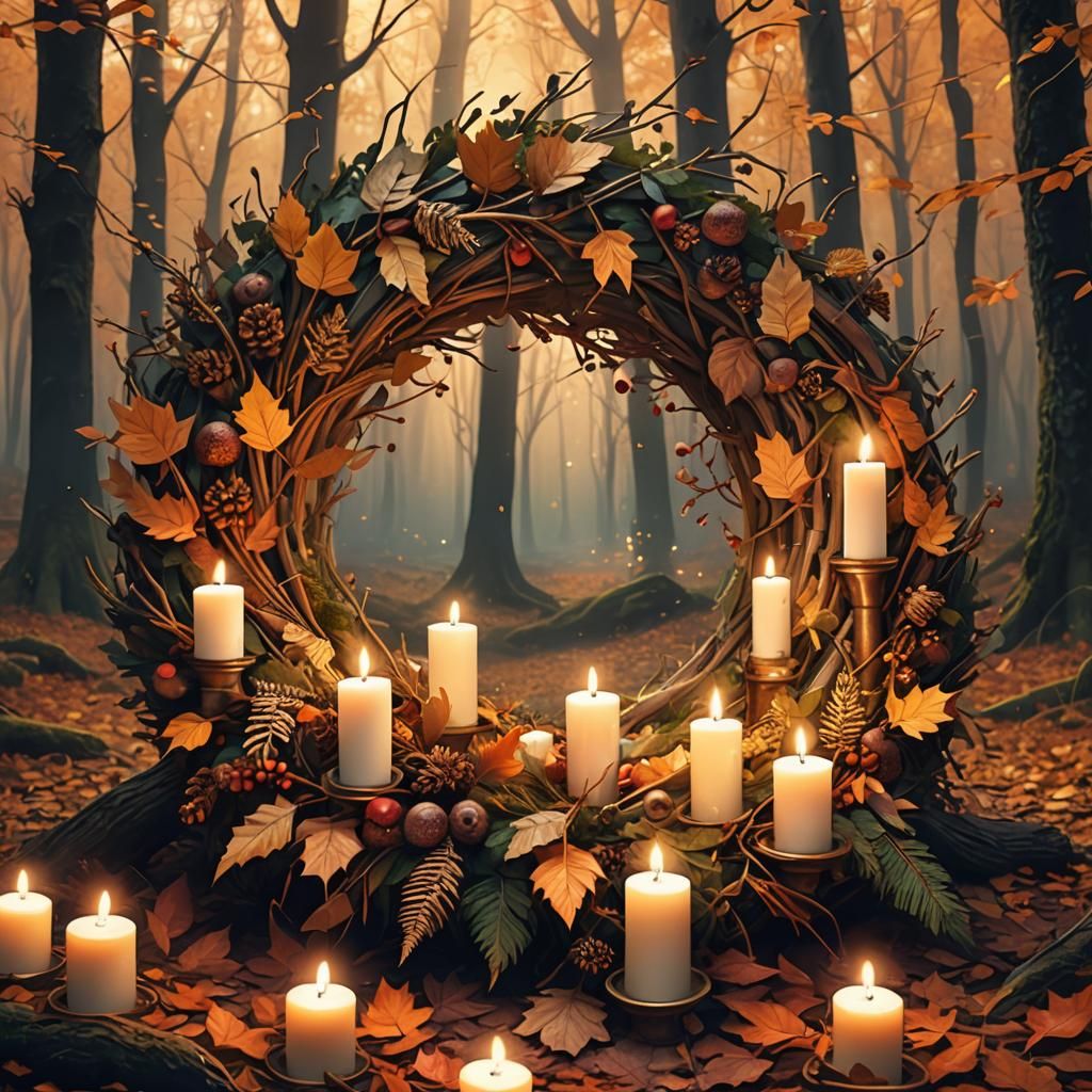 Mystical Autumn Wreath with Candles in Forest