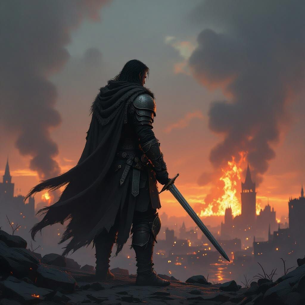 Warrior Silhouette Against Burning Cityscape in Matte Painti...