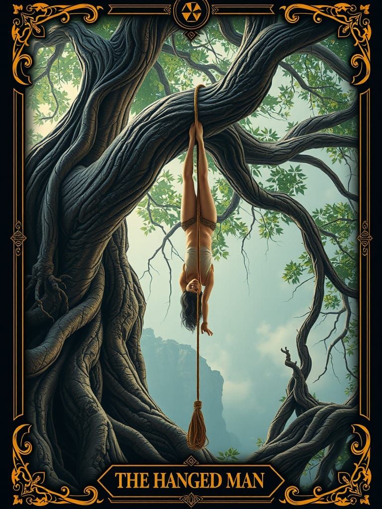 Detailed Tarot Card: The Hanged Man in Surreal Style