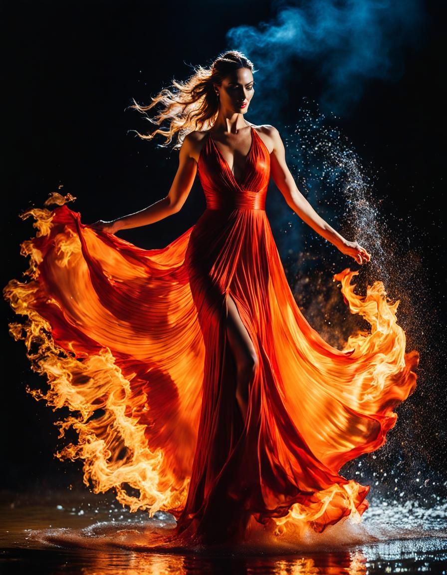 Woman's Fiery Dance in Splashing Water