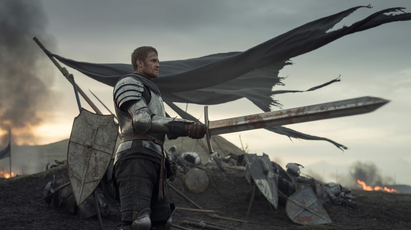 Knight on Desolate Battlefield at Sunset