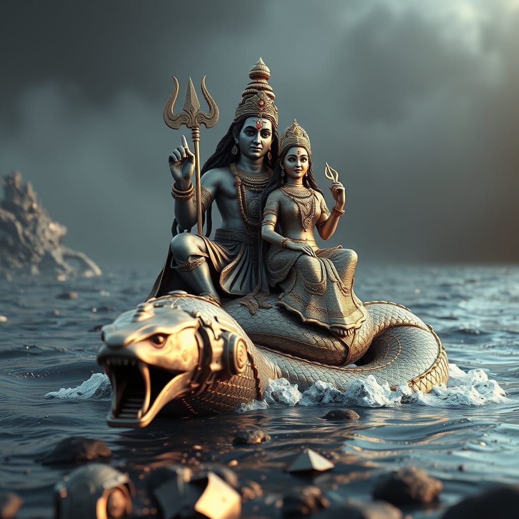 Lord Vishnu and Parvati: Epic Sci-Fi Rendering