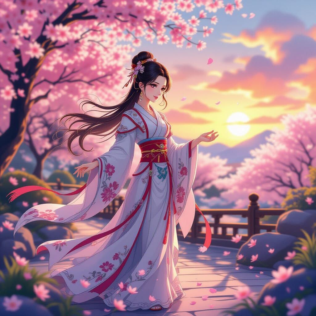 Animated Girl in Ancient Chinese Attire Amidst Cherry Blosso...