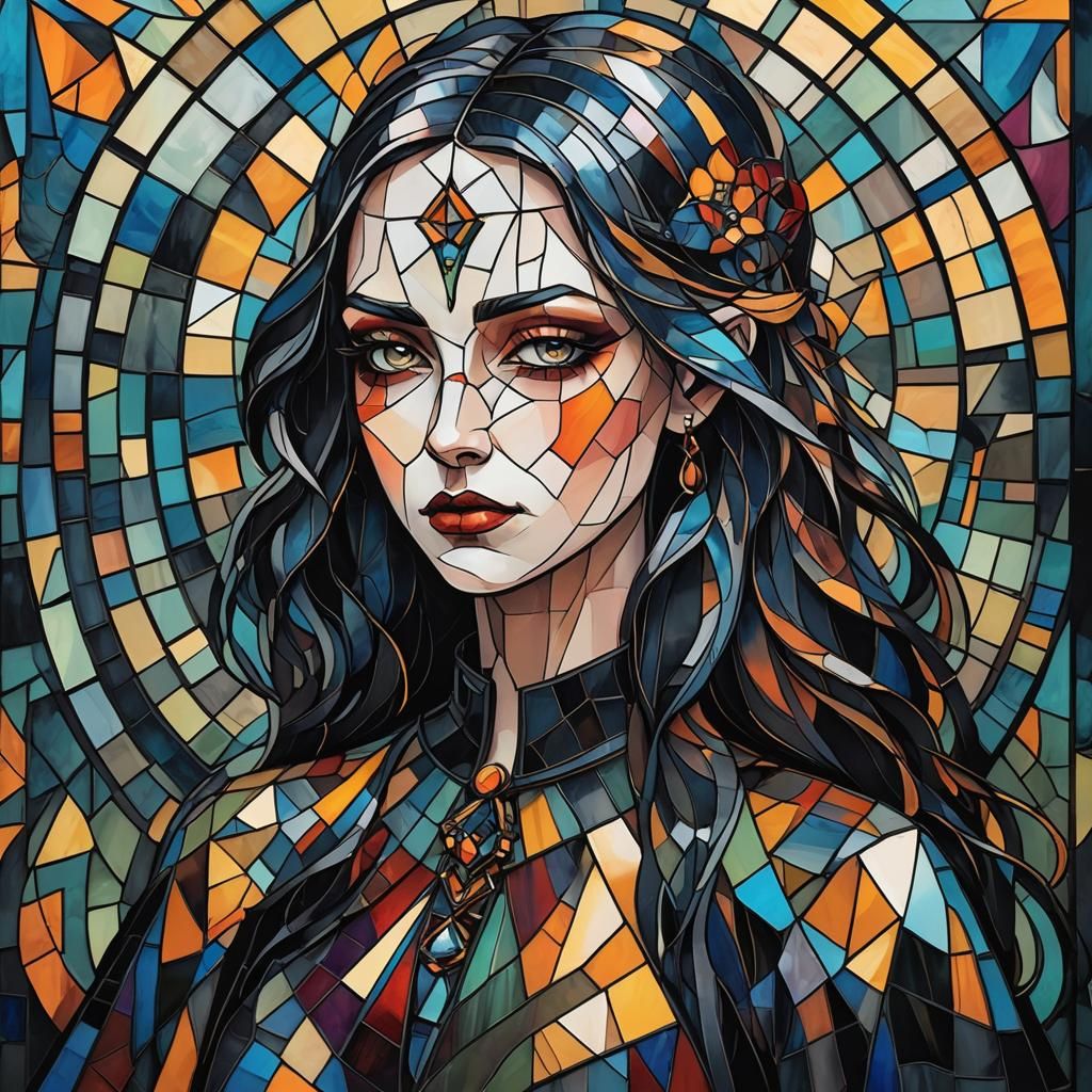 Goth Girl in Cubism with Stained Glass Effect