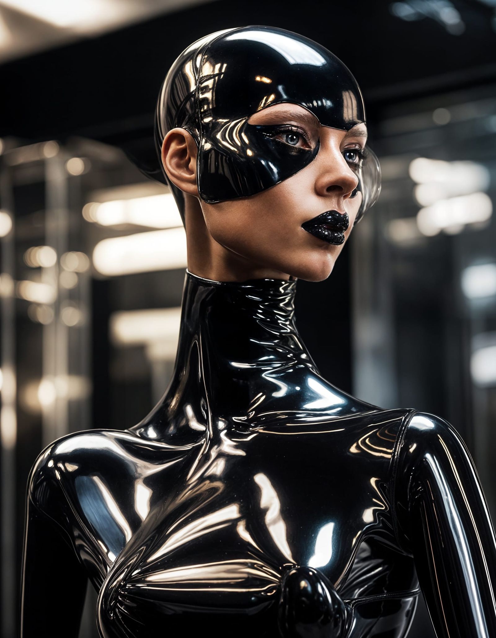 Elegant Mannequin in Glossy Latex Pointing