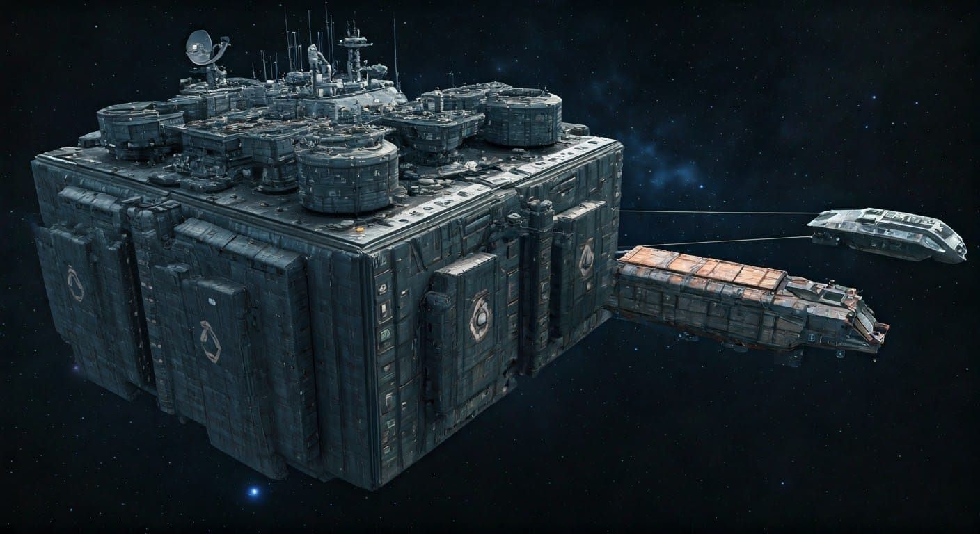 cube-shaped, enormous city-sized deep space exploration spac...