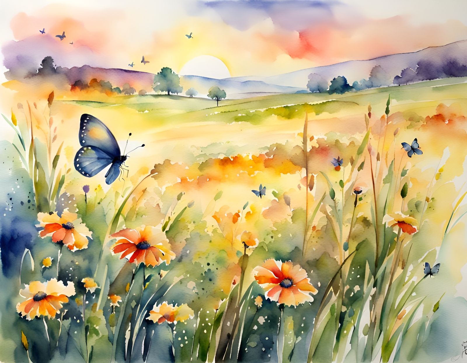 Watercolor Sunrise Over Blooming Meadow