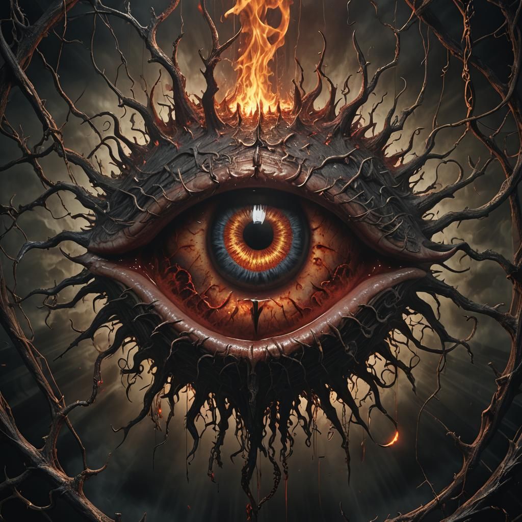 A striking 3D render of a devil's eye bleeding, with hooks a...