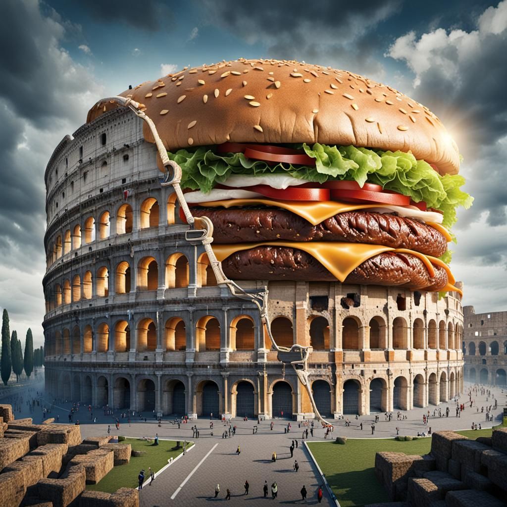 Colosseum Transformed into a Mega Hamburger