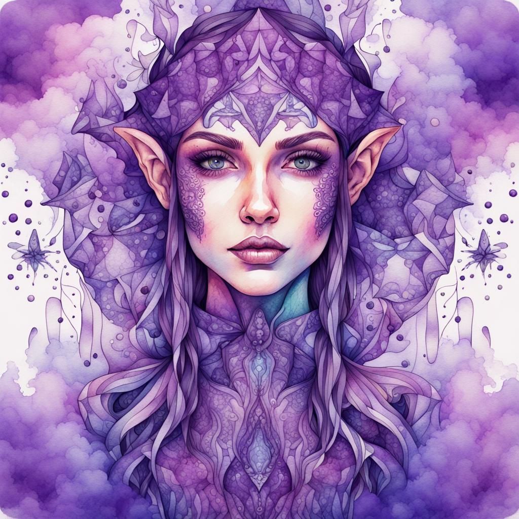 Kaleidoscopic Elf in Surreal Watercolor Zentangle Art