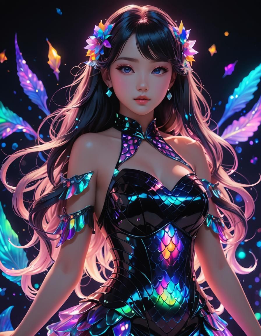 Holographic Mermaid Dress in Neon Anime Style
